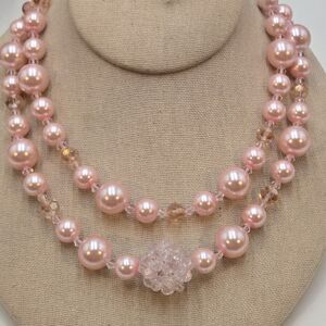 Vintage Double Strand Light Pink Glass AB Crystal Necklace 17" Toggle Clasp